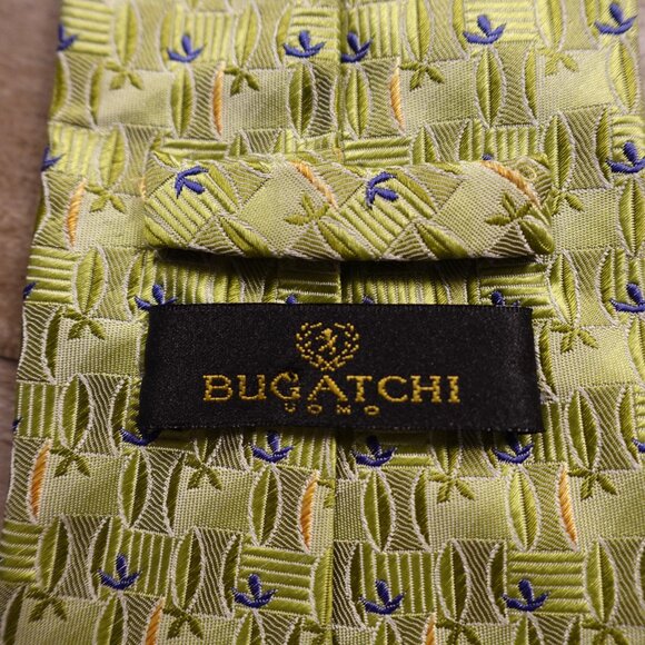 Bugatchi Uomo Silk Tie Made in Italy Green Blue Leaf Geometric Pattern - Picture 3 of 7
